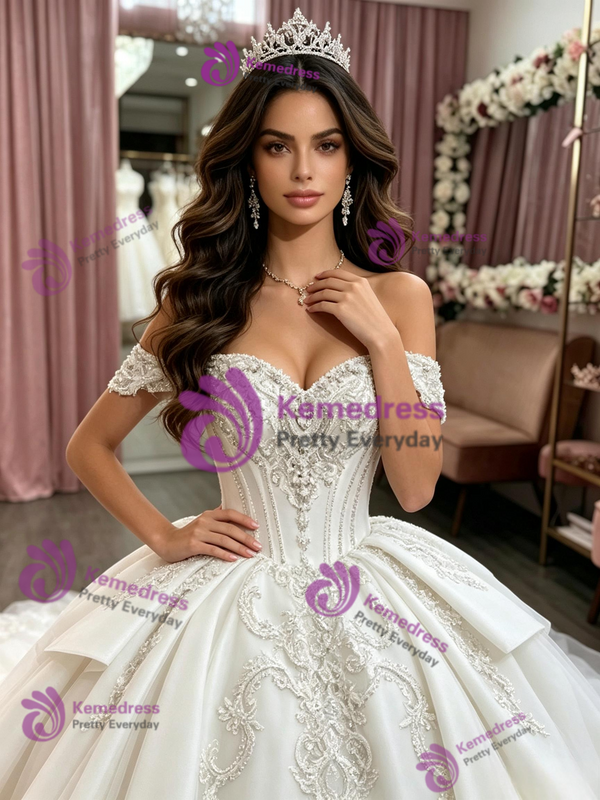 White Tulle Off the Shoulder Appliques Quinceanera Dress