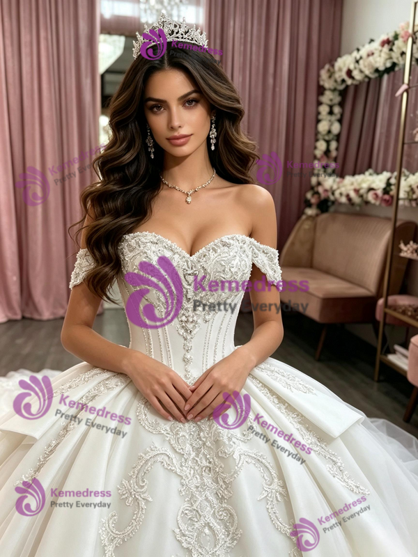 White Tulle Off the Shoulder Appliques Quinceanera Dress