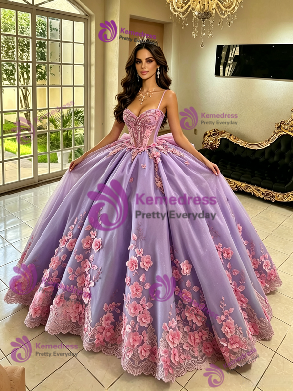 Purple Tulle Spaghetti Straps 3D Flower Quinceanera Dress