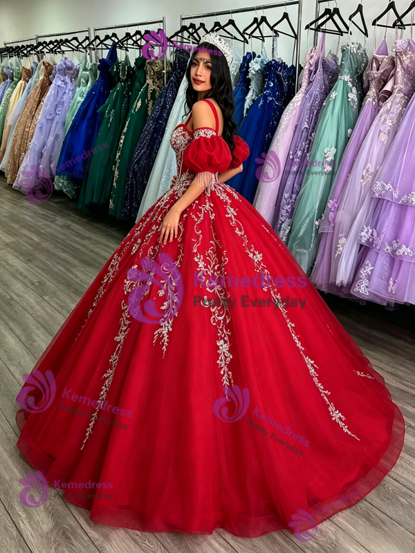 Red Tulle Strapless Appliques Quinceanera Dress