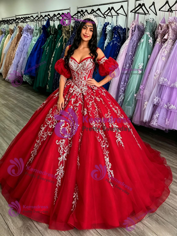 Red Tulle Strapless Appliques Quinceanera Dress