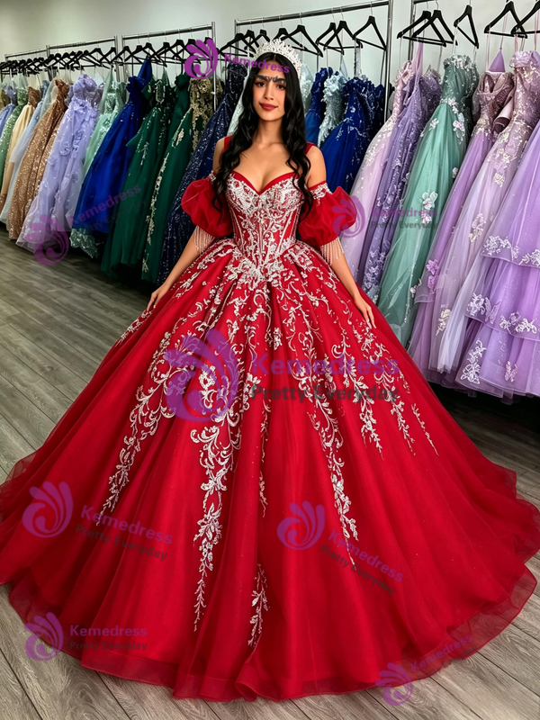 Red Tulle Strapless Appliques Quinceanera Dress