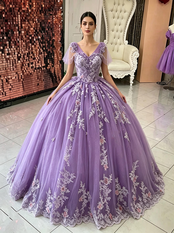 Purple Tulle V-neck Appliques Beading Quinceanera Dress