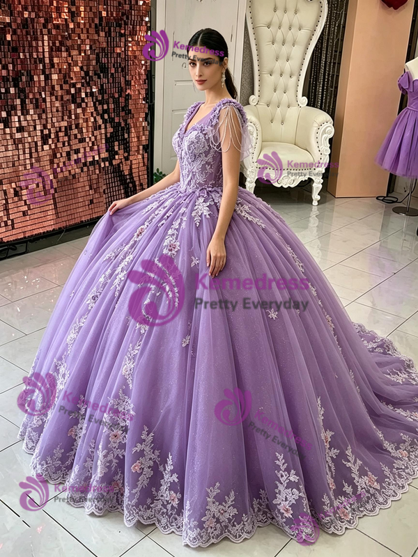 Purple Tulle V-neck Appliques Beading Quinceanera Dress