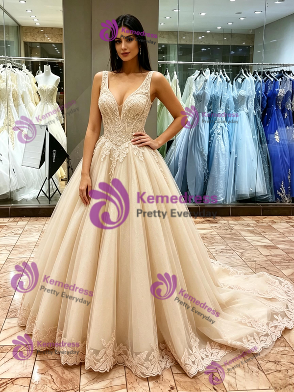 Champagne V-neck Appliques Quinceanera Dress