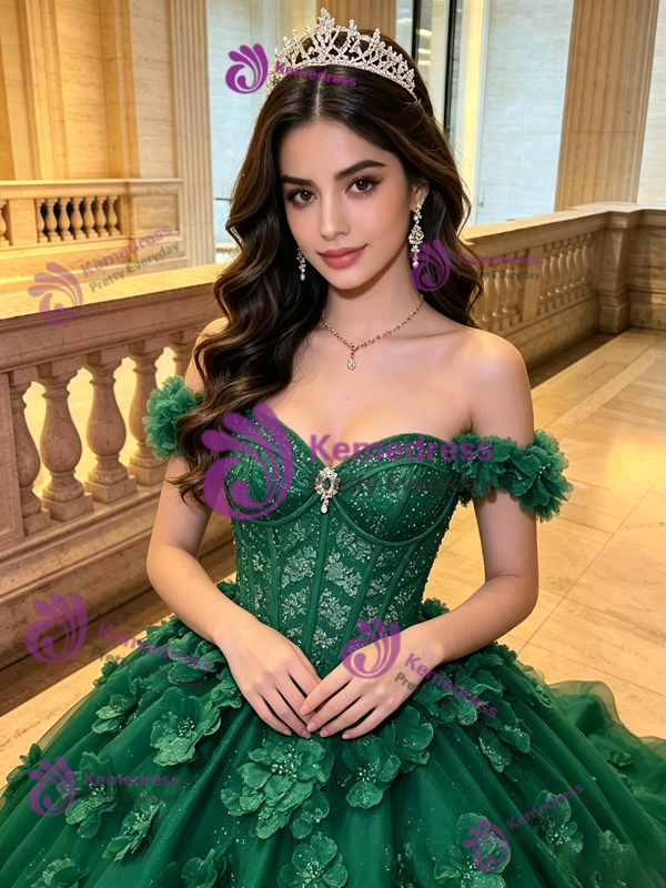Green Tulle Off the Shoulder 3D Flower Quinceanera Dress