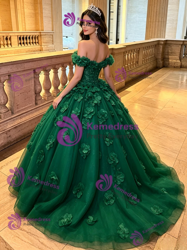 Green Tulle Off the Shoulder 3D Flower Quinceanera Dress