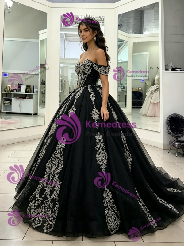 Black Tulle Off the Shoulder Appliques Quinceanera Dress