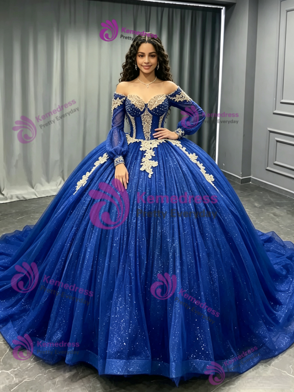 Blue Tulle Sequins Long Sleeve Quinceanera Dress