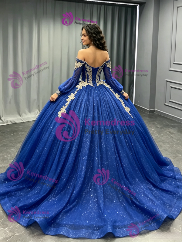 Blue Tulle Sequins Long Sleeve Quinceanera Dress