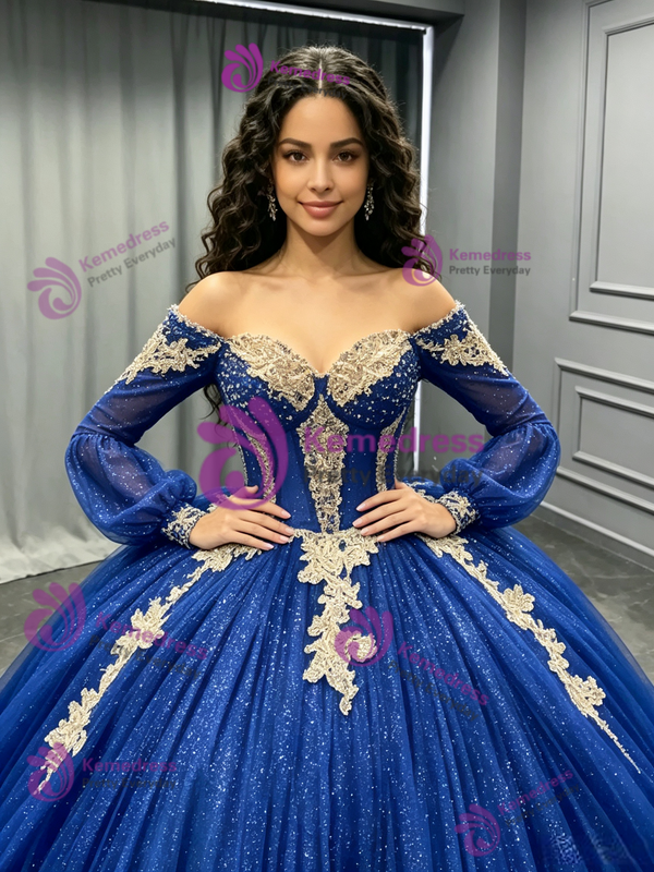 Blue Tulle Sequins Long Sleeve Quinceanera Dress