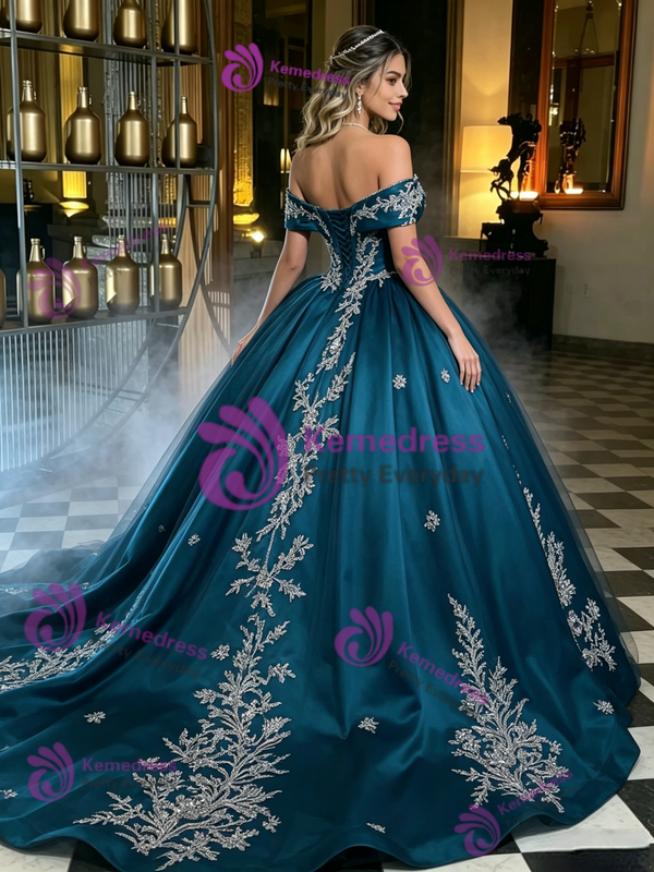 Blue Satin Off the Shoulder Appliques Quinceanera Dress