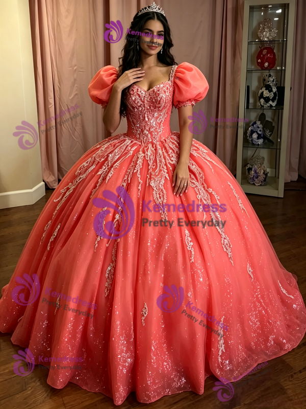 Watermelon Tulle Puff Sleeve Appliques Quinceanera Dress