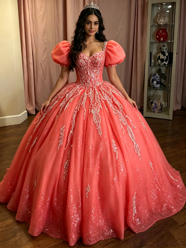 Watermelon Tulle Puff Sleeve Appliques Quinceanera Dress