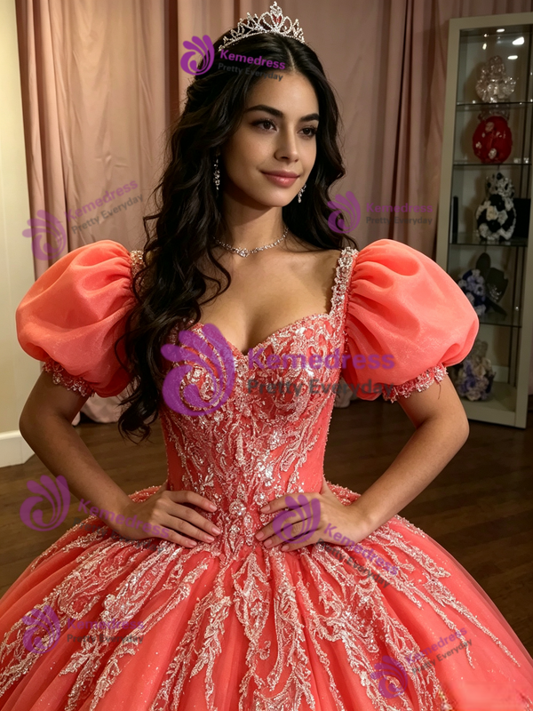 Watermelon Tulle Puff Sleeve Appliques Quinceanera Dress