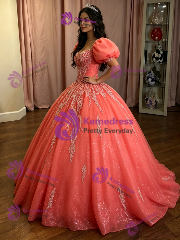 Watermelon Tulle Puff Sleeve Appliques Quinceanera Dress