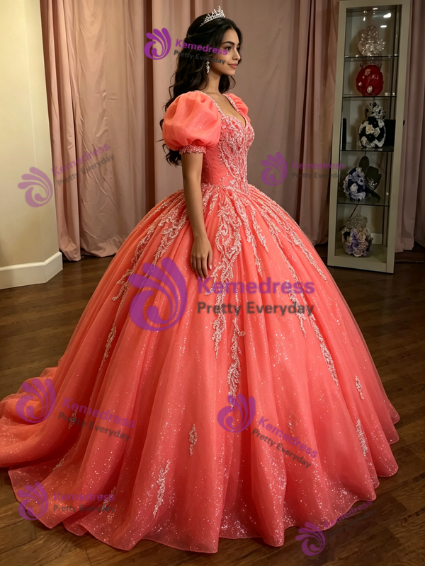 Watermelon Tulle Puff Sleeve Appliques Quinceanera Dress