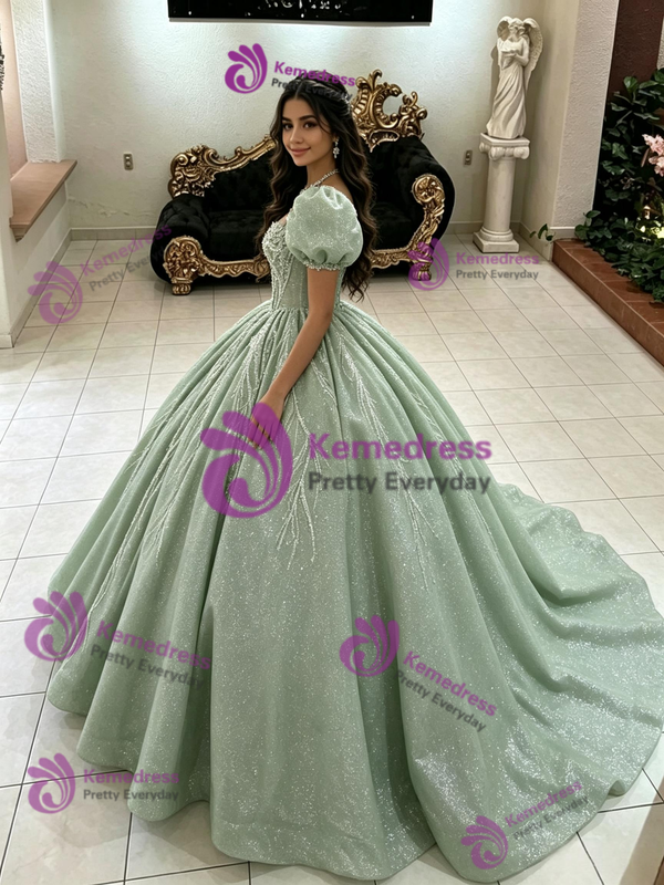 Green Puff Sleeve Sequins Quinceanera Dress