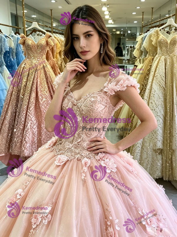 Pink Ball Gown Tulle Appliques Quinceanera Dress