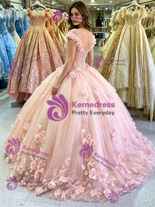 Pink Ball Gown Tulle Appliques Quinceanera Dress