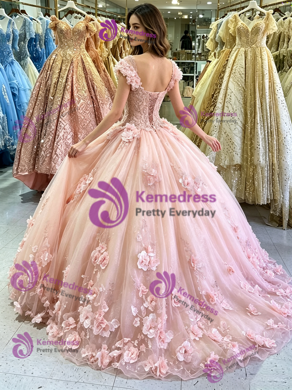 Pink Ball Gown Tulle Appliques Quinceanera Dress