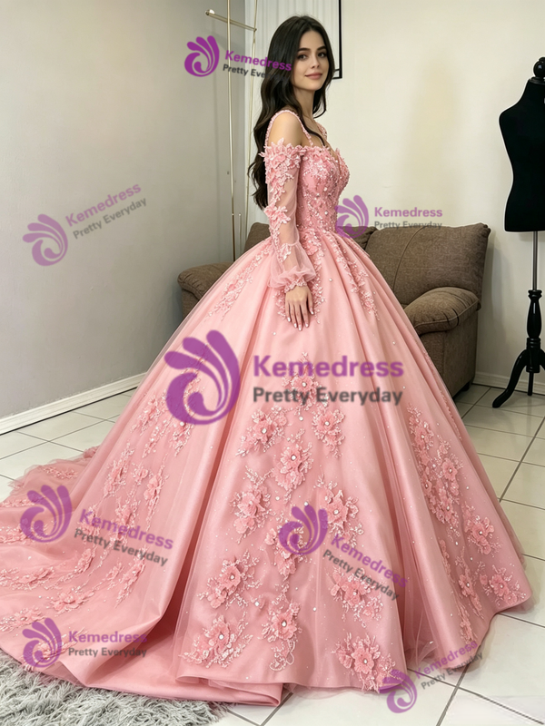 Pink Tulle Straps Long Sleeve Quinceanera Dress