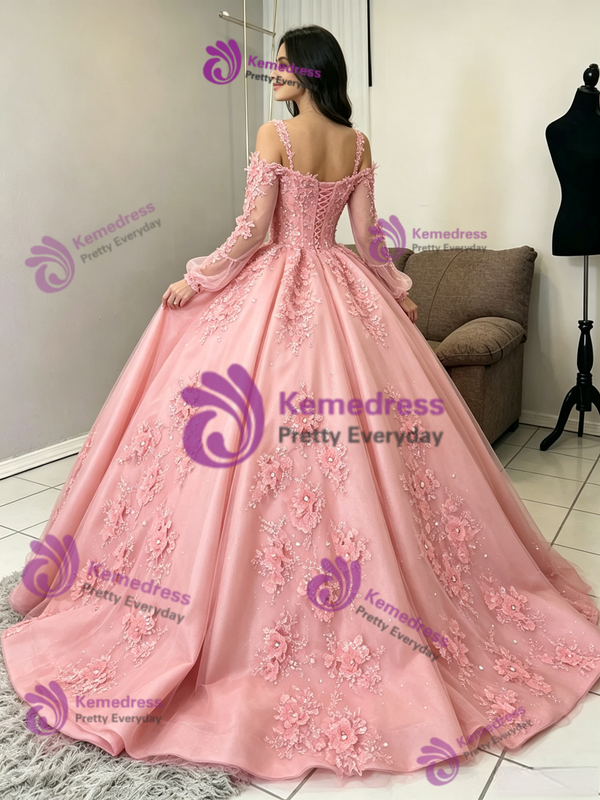 Pink Tulle Straps Long Sleeve Quinceanera Dress