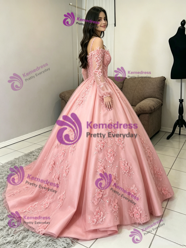 Pink Tulle Straps Long Sleeve Quinceanera Dress