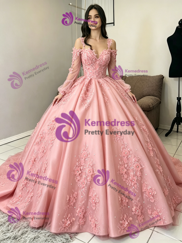 Pink Tulle Straps Long Sleeve Quinceanera Dress