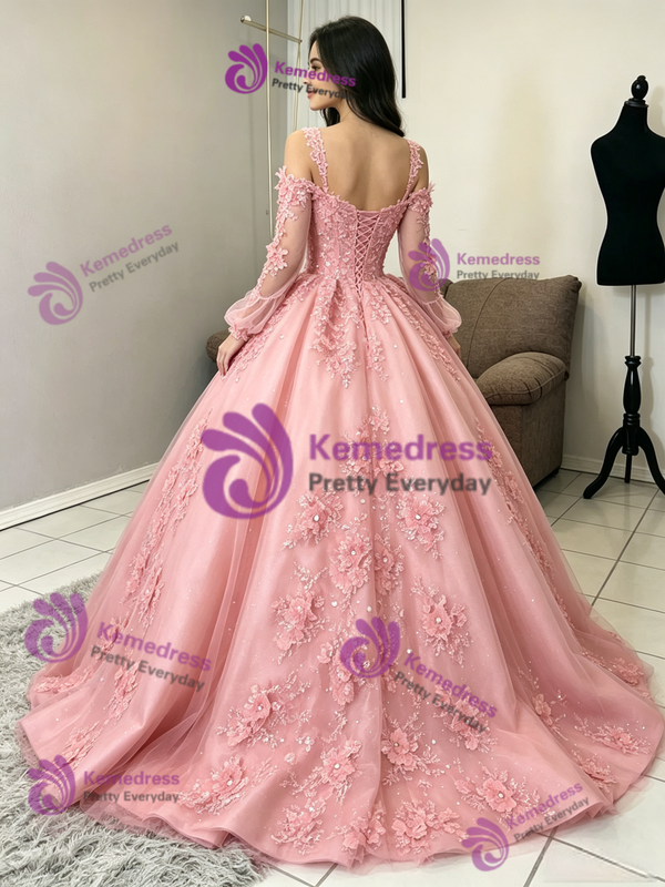 Pink Tulle Straps Long Sleeve Quinceanera Dress