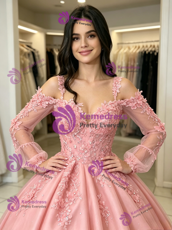 Pink Tulle Straps Long Sleeve Quinceanera Dress