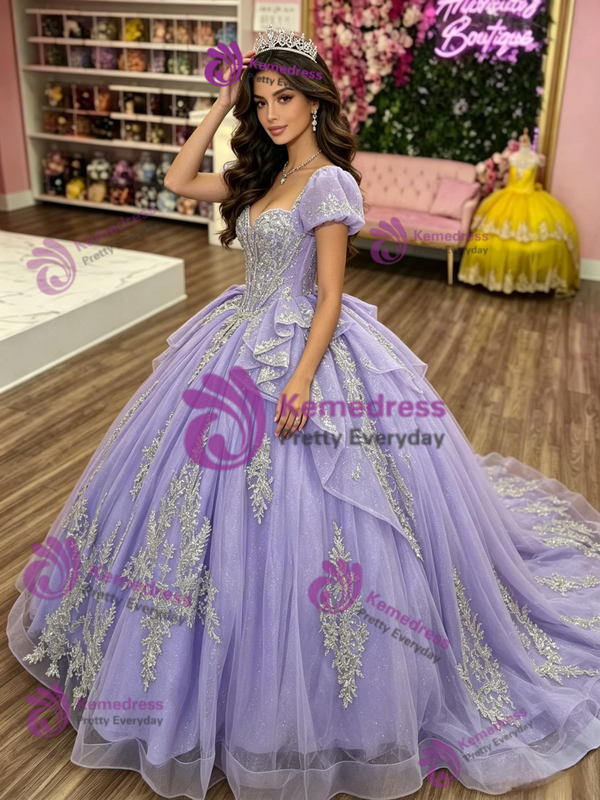 Purple Tulle Puff Sleeve Appliques Quinceanera Dress