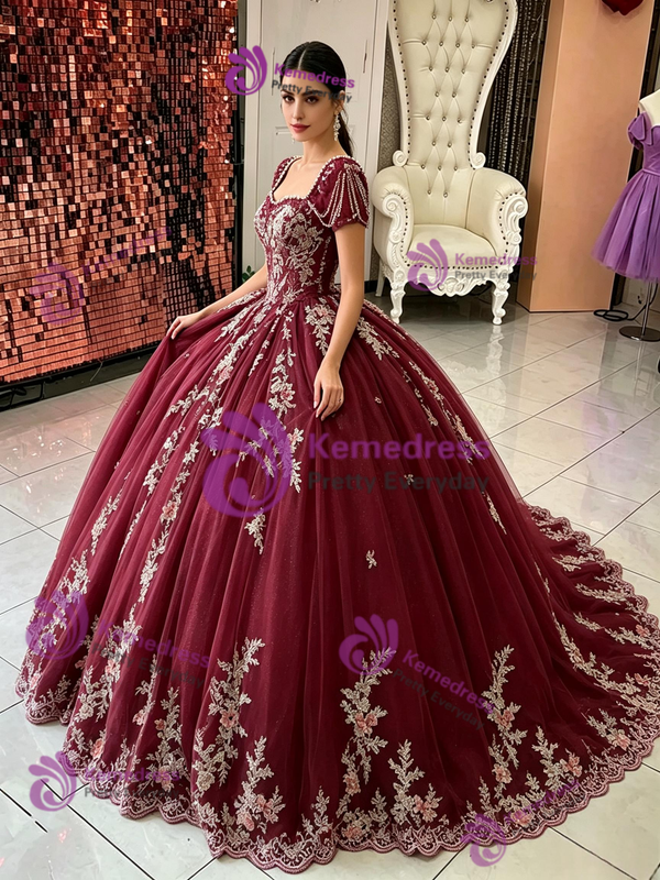 Burgundy Tulle Lace Appliques Short Sleeve Quinceanera Dress