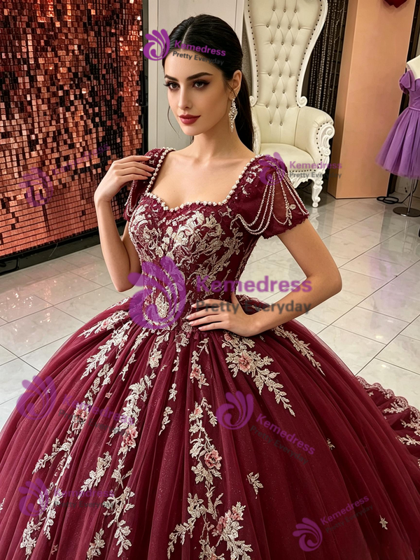 Burgundy Tulle Lace Appliques Short Sleeve Quinceanera Dress