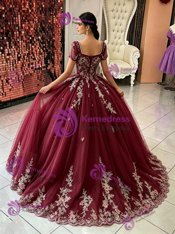 Burgundy Tulle Lace Appliques Short Sleeve Quinceanera Dress