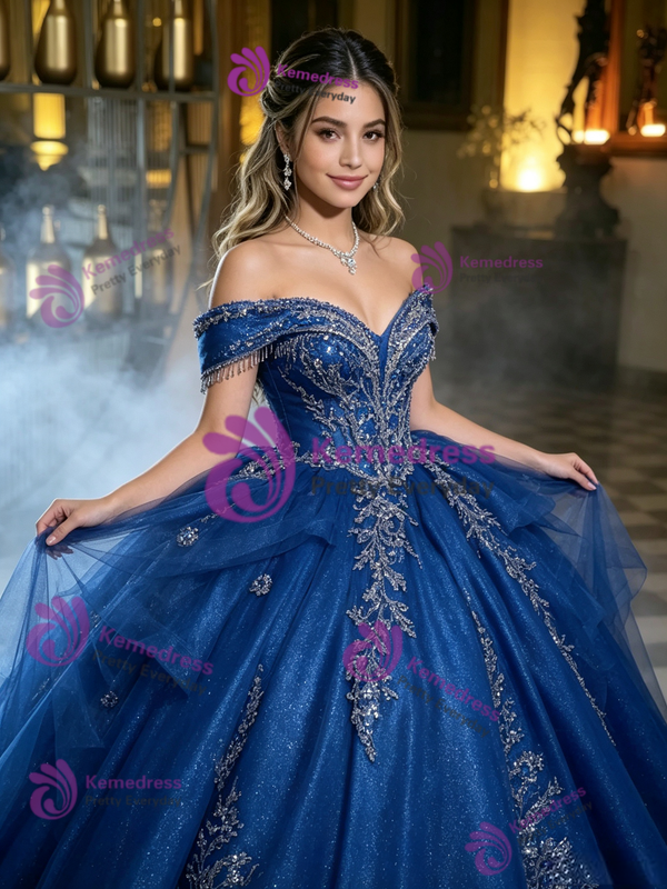 Blue Tulle Off the Shoulder Quinceanera Dress