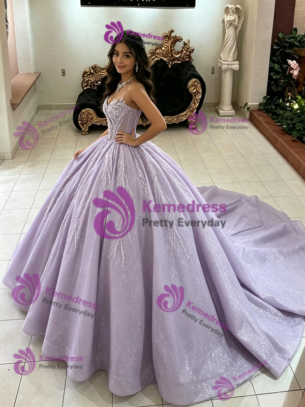 Purple Tulle Sequins Quinceanera Dress