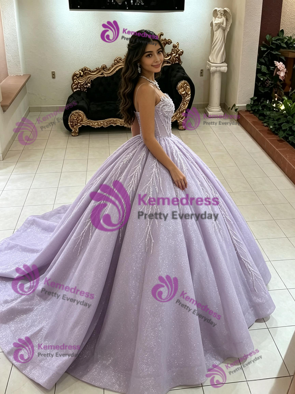 Purple Tulle Sequins Quinceanera Dress