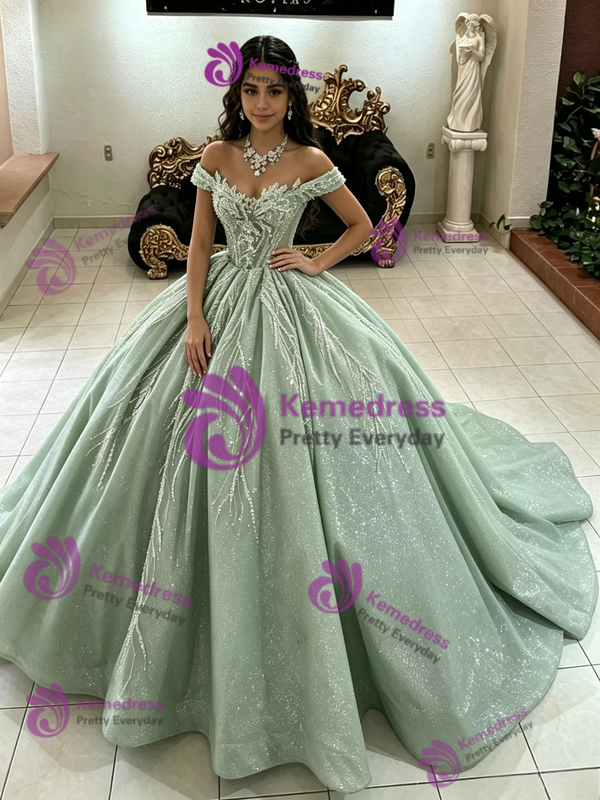 Green Tulle Sequins Off the Shoulder Quinceanera Dress