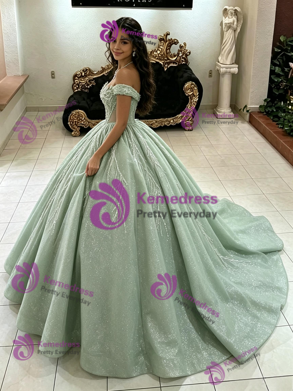 Green Tulle Sequins Off the Shoulder Quinceanera Dress