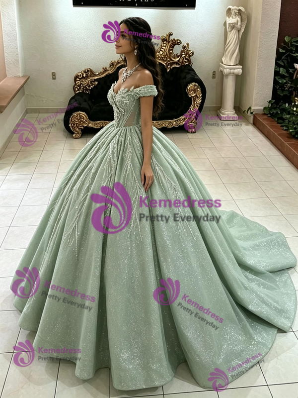 Green Tulle Sequins Off the Shoulder Quinceanera Dress