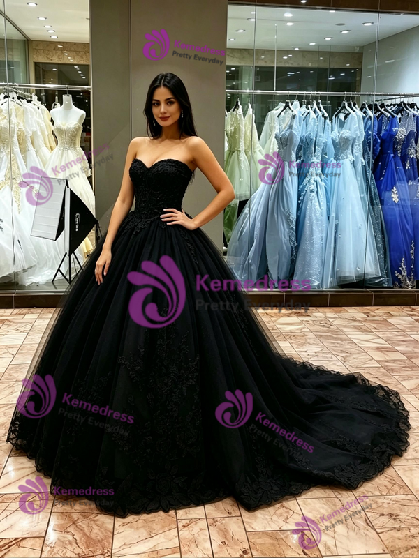 Black Tulle Strapless Quinceanera Dress