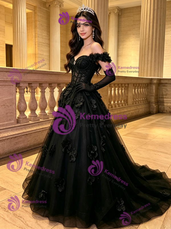 Black Tulle Off the Shoulder 3D Appliques Quinceanera Dress