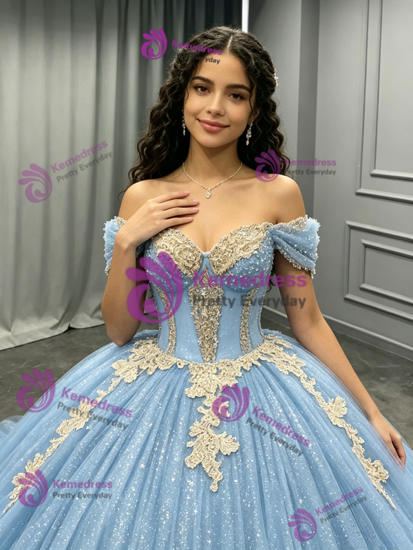 Blue Tulle Off the Shoulder Beading Quinceanera Dress
