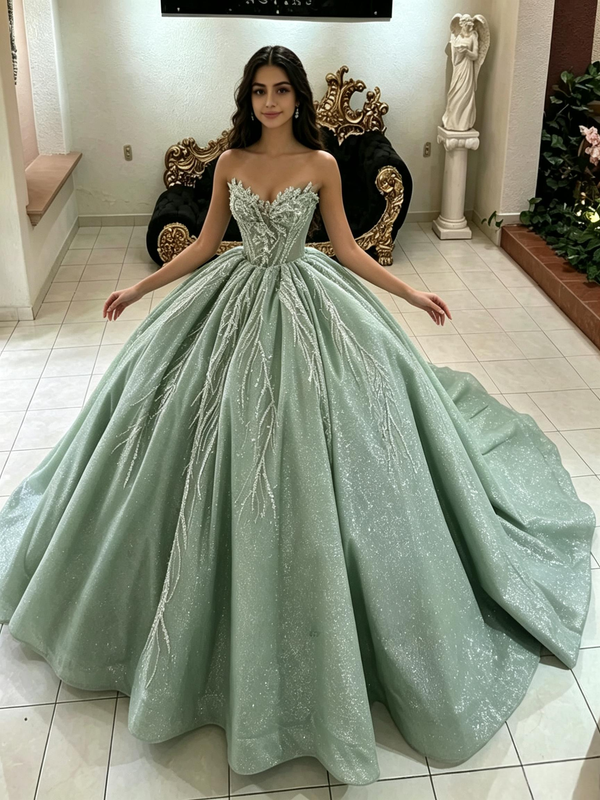 Green Tulle Sequins Quinceanera Dress