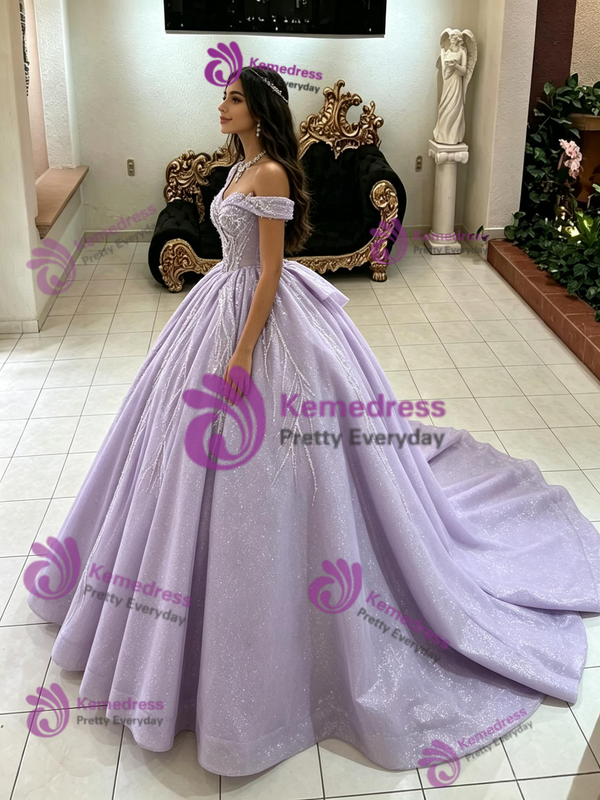 Purple Tulle Sequins Off the Shoulder Quinceanera Dress