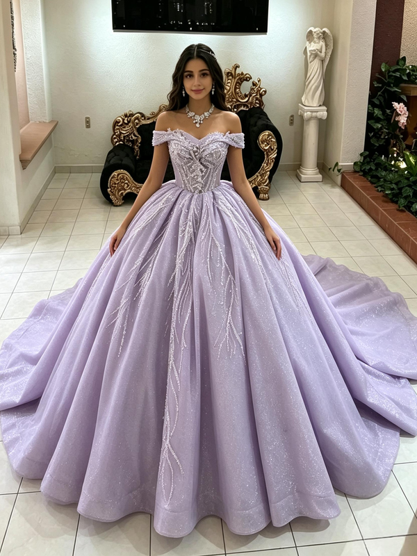 Purple Tulle Sequins Off the Shoulder Quinceanera Dress