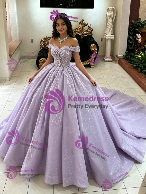 Purple Tulle Sequins Off the Shoulder Quinceanera Dress