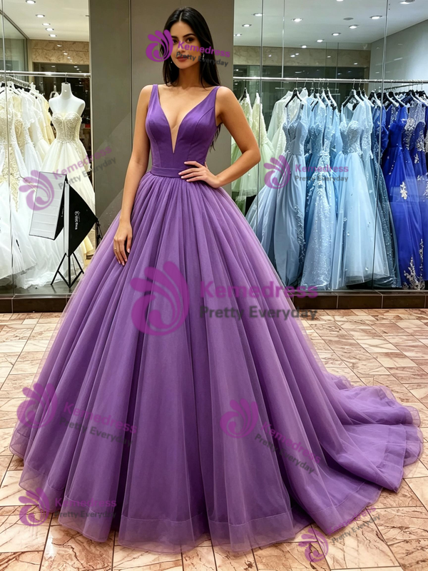 Simple Purple Tulle V-neck Quinceanera Dress