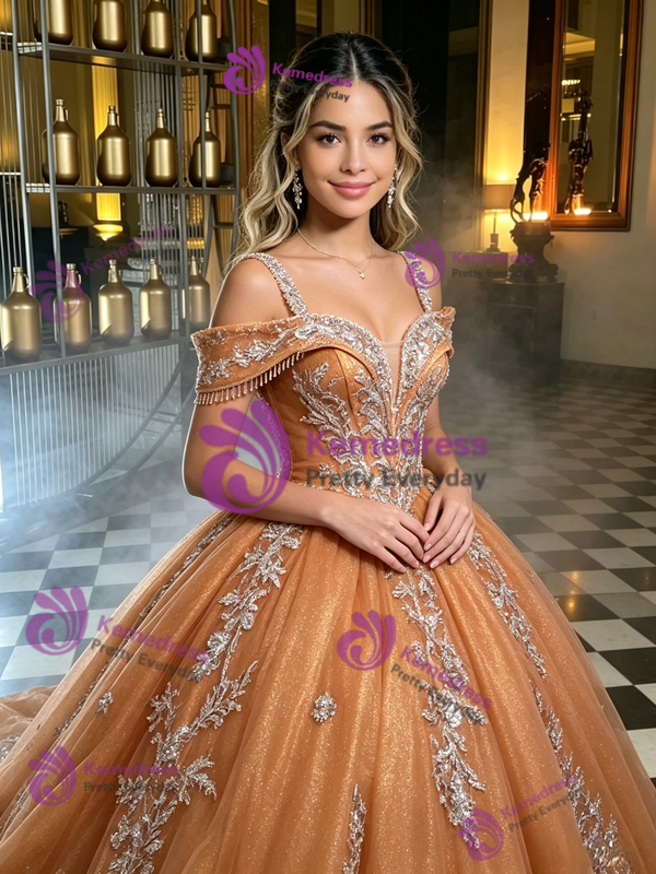 Orange Tulle Straps Appliques Quinceanera Dress